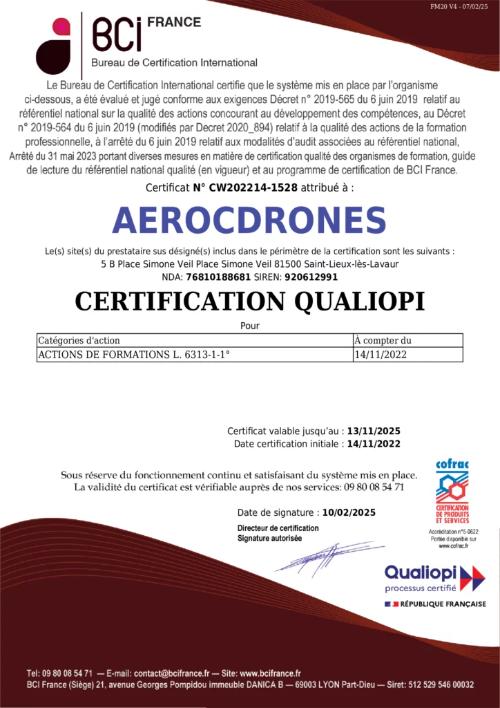 Certificat Qualiopi organisme formation AEROcDRONES